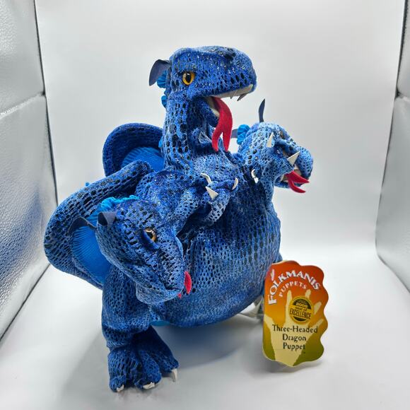 Folkmanis 3 Headed Dragon Hand Puppet 5 Finger Blue 15” Interactive Toy - Picture 2 of 11